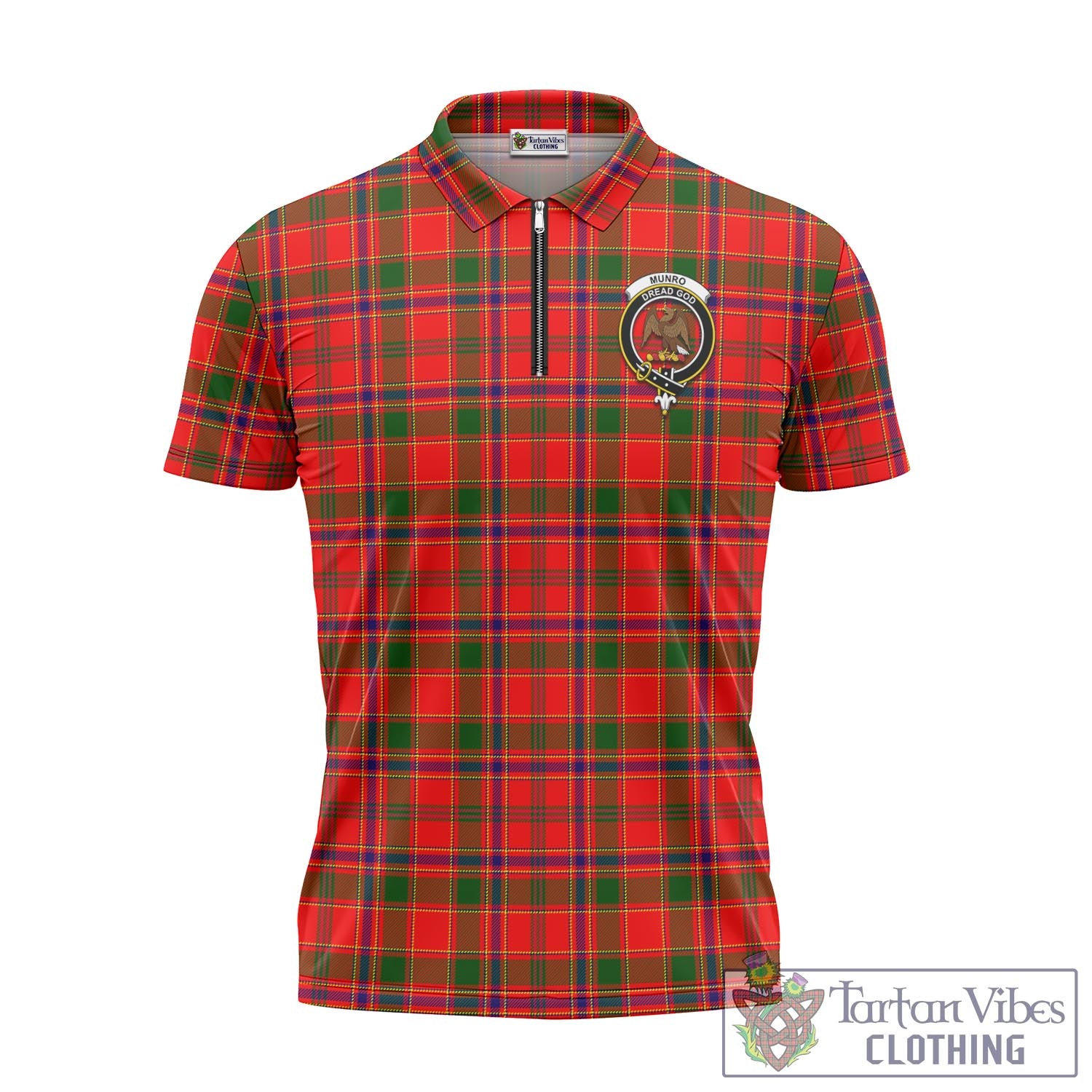 Tartan Vibes Clothing Munro Modern Tartan Zipper Polo Shirt with Family Crest