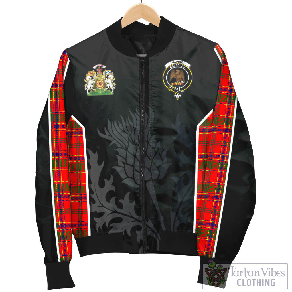 Tartan Vibes Clothing Munro Modern Tartan Bomber Jacket with Family Crest and Scottish Thistle Vibes Sport Style