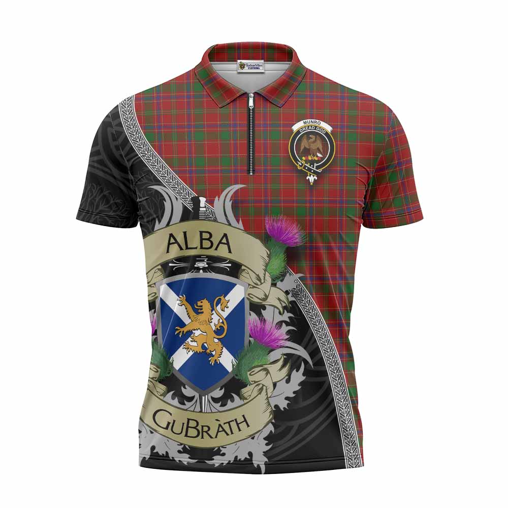 Tartan Vibes Clothing Munro (Monroe) Tartan Family Crest Zipper Polo Shirt Lion Rampant Royal Thistle Shield Celtic Inspired