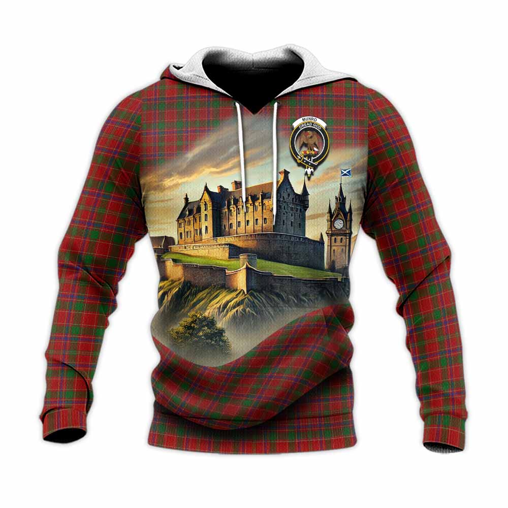 Tartan Vibes Clothing Munro (Monroe) Tartan Family Crest Knitted Hoodie with Scottish Ancient Castle Style