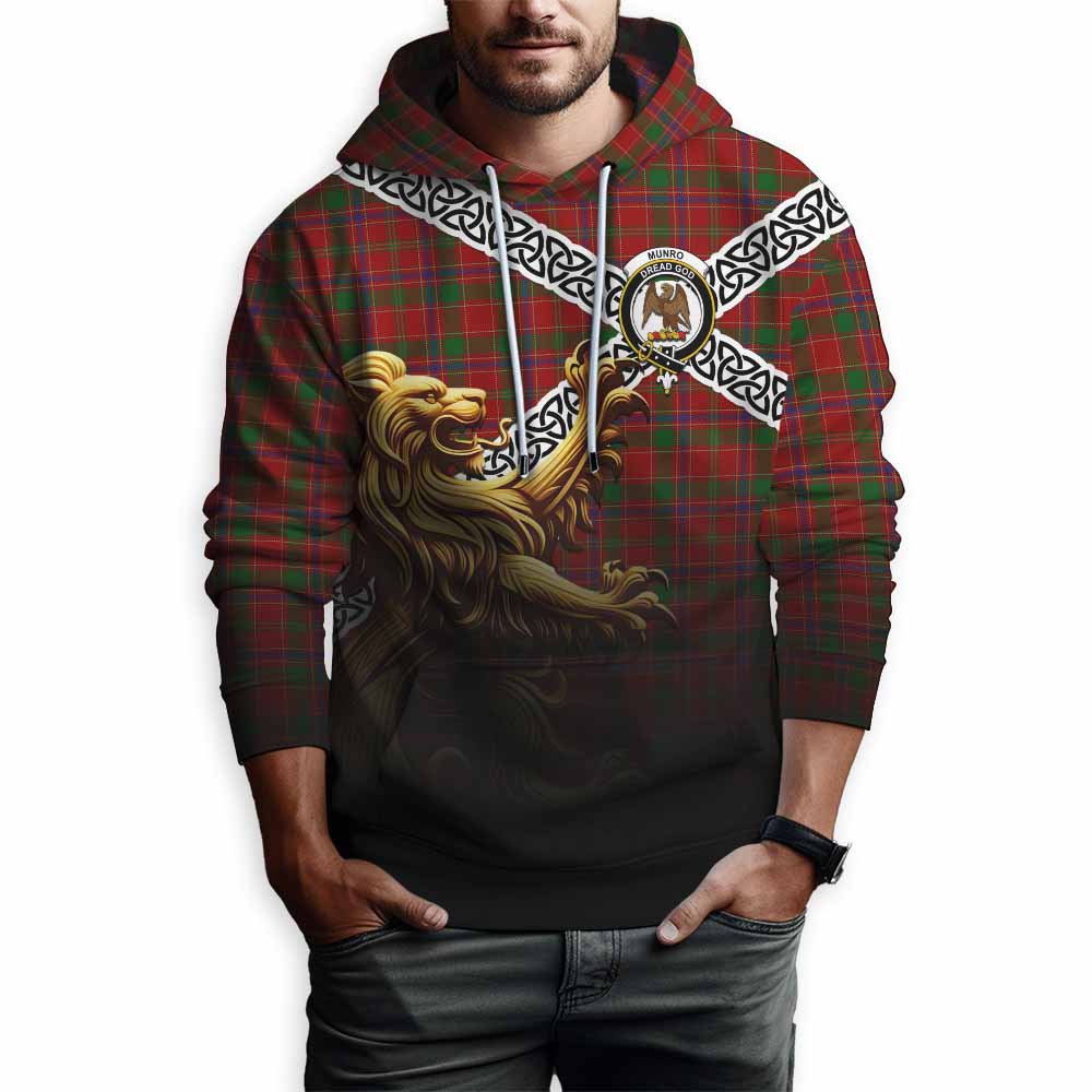 Tartan Vibes Clothing Munro (Monroe) Crest Tartan Hoodie with Golden Lion Emblem Celtic Style