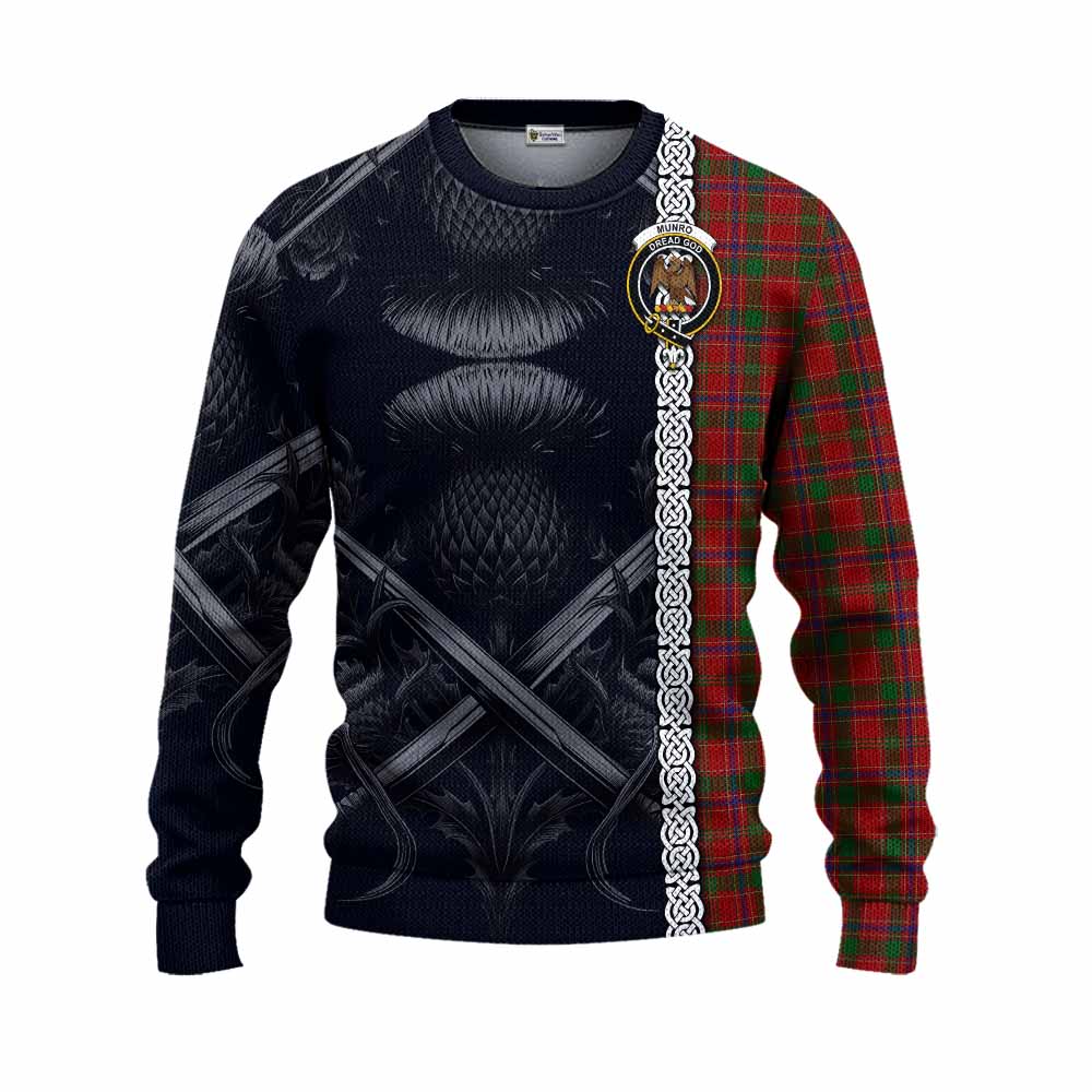 Tartan Vibes Clothing Munro (Monroe) Tartan Knitted Sweater with Family Crest Cross Sword Thistle Celtic Vibes