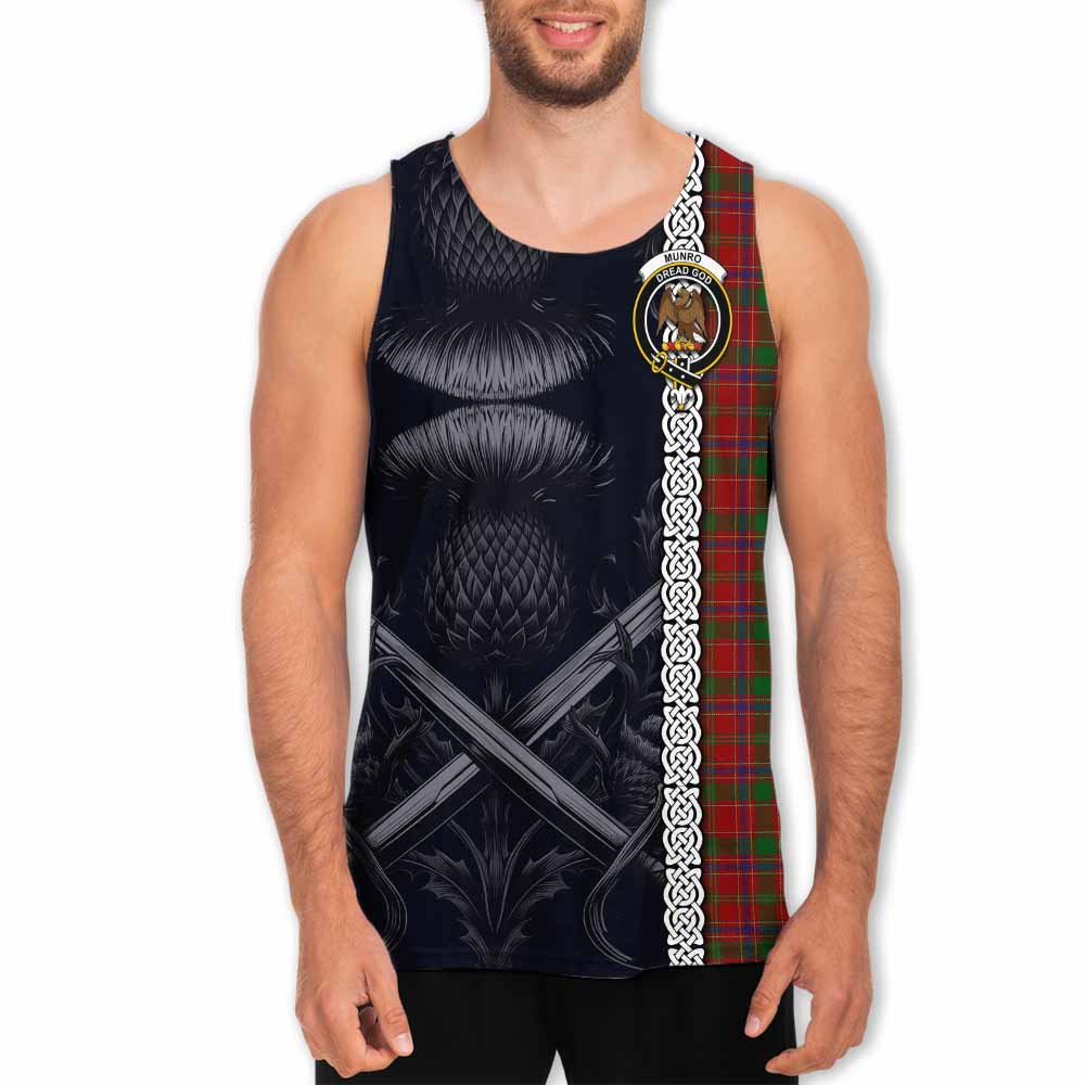 Tartan Vibes Clothing Munro (Monroe) Tartan Men's Tank Top with Family Crest Cross Sword Thistle Celtic Vibes