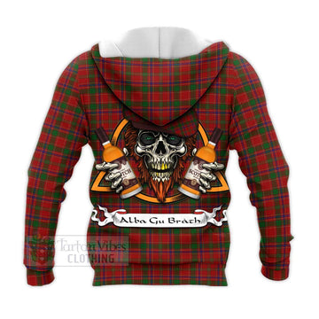 Tartan Vibes Clothing Munro (Monroe) Tartan Knitted Hoodie with Family Crest and Bearded Skull Holding Bottles of Whiskey