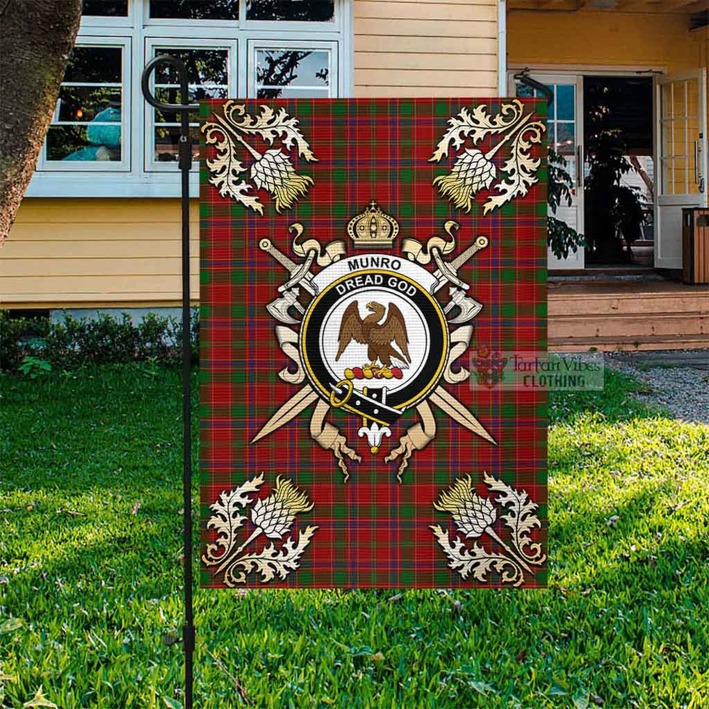 Munro (Monroe) Tartan Garden Flag with Family Crest and Golden Thistle Crossed Sword Design Garden Flag - Tartan Vibes Clothing