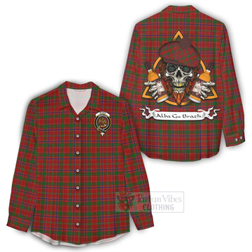 Tartan Vibes Clothing Munro (Monroe) Tartan Women's Casual Shirt with Family Crest and Bearded Skull Holding Bottles of Whiskey