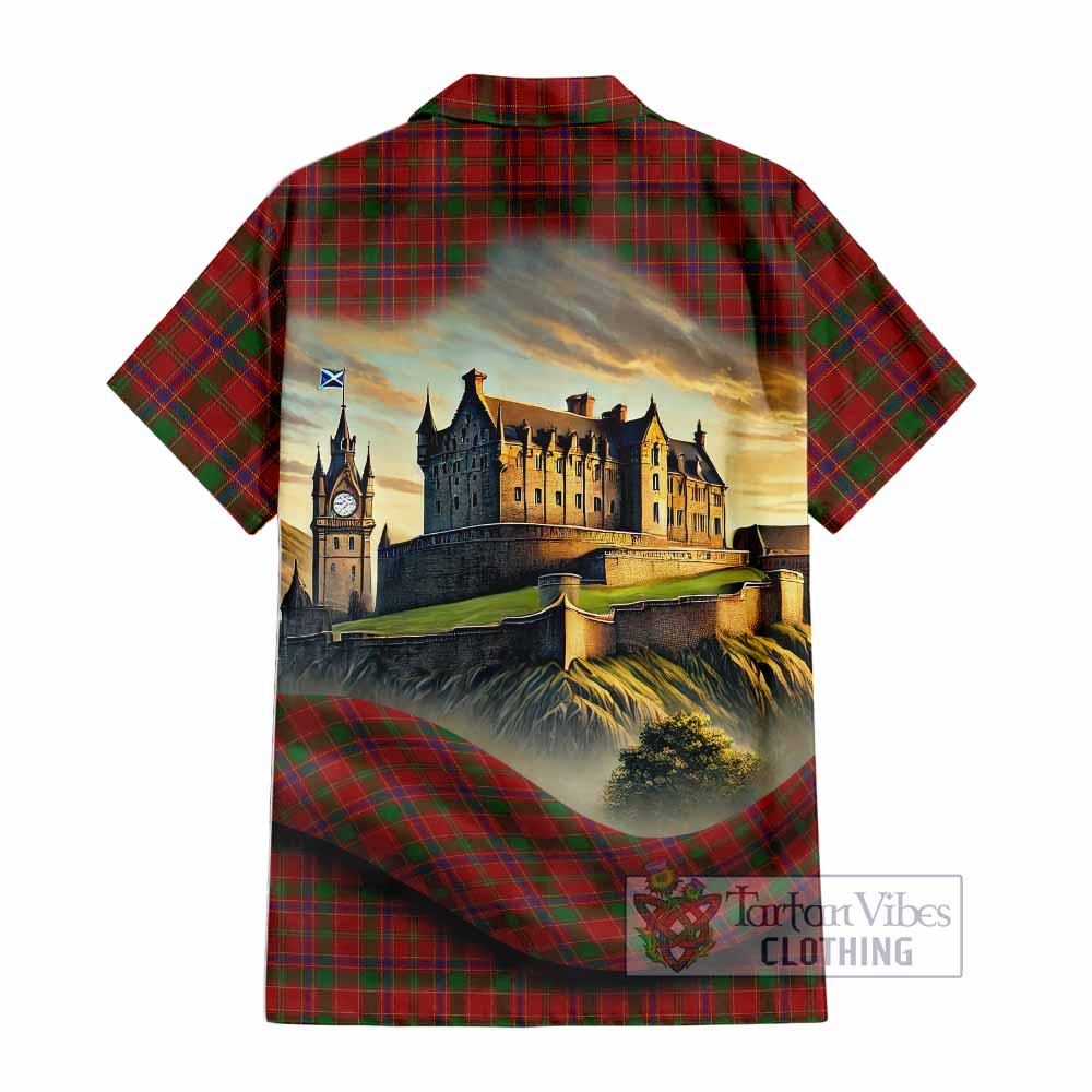 Tartan Vibes Clothing Munro (Monroe) Tartan Family Crest Short Sleeve Button Shirt with Scottish Ancient Castle Style
