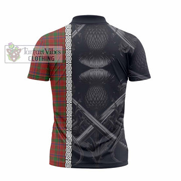 Tartan Vibes Clothing Munro (Monroe) Tartan Zipper Polo Shirt with Family Crest Cross Sword Thistle Celtic Vibes