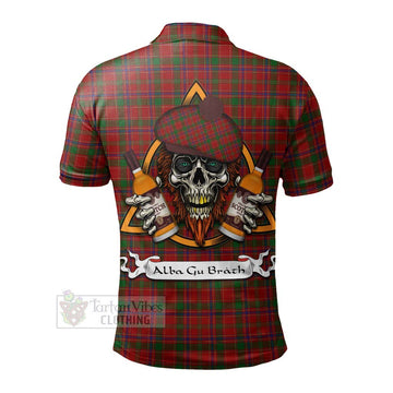 Tartan Vibes Clothing Munro (Monroe) Tartan Polo Shirt with Family Crest and Bearded Skull Holding Bottles of Whiskey