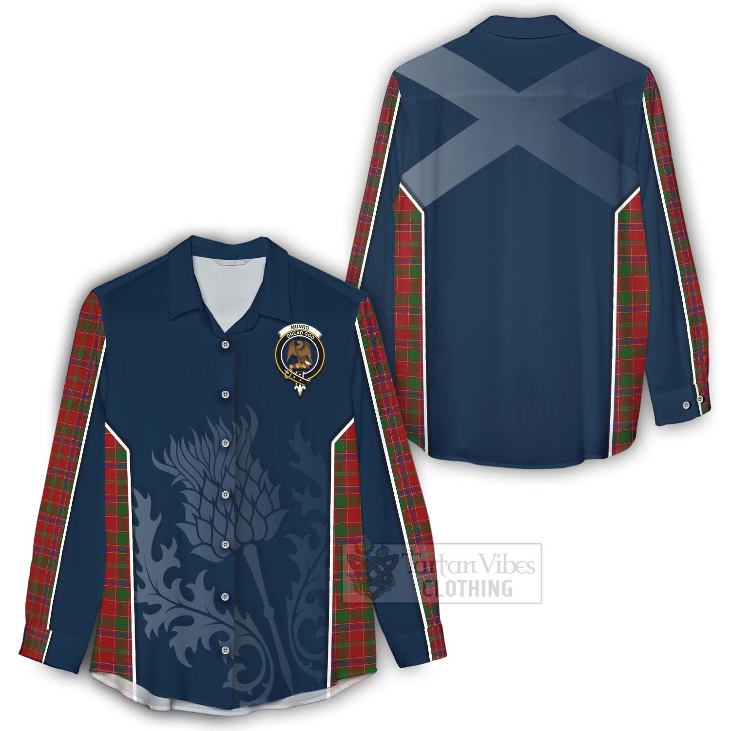 Tartan Vibes Clothing Munro (Monroe) Tartan Women's Casual Shirt with Family Crest and Scottish Thistle Vibes Sport Style
