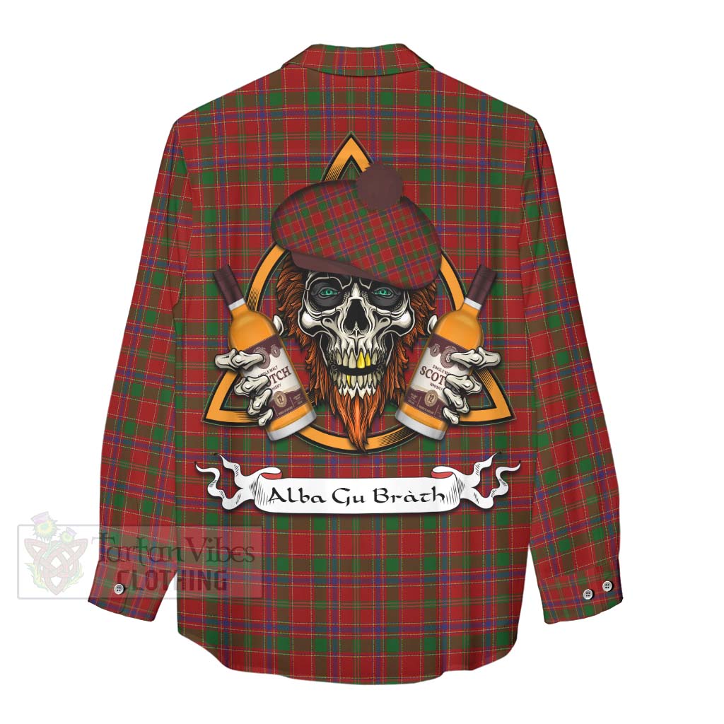 Tartan Vibes Clothing Munro (Monroe) Tartan Women's Casual Shirt with Family Crest and Bearded Skull Holding Bottles of Whiskey
