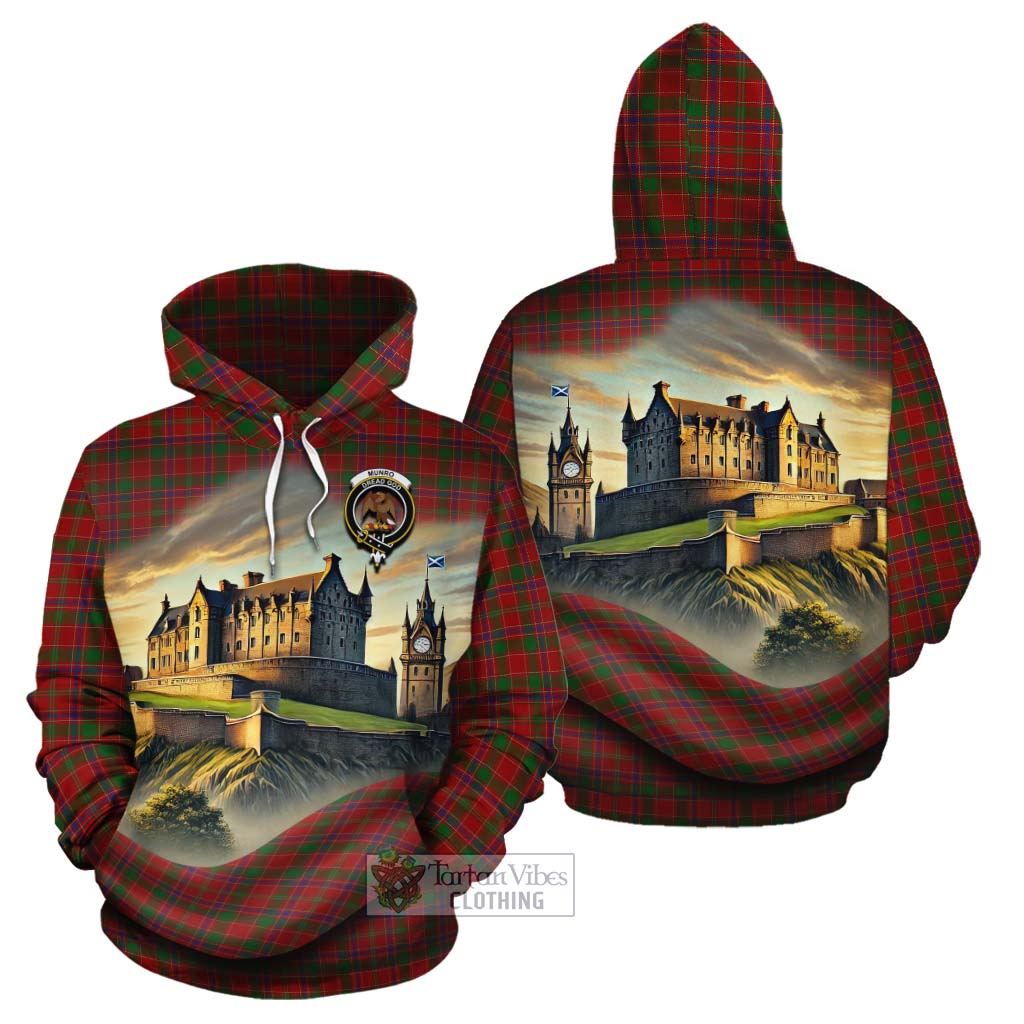 Tartan Vibes Clothing Munro (Monroe) Tartan Family Crest Cotton Hoodie with Scottish Ancient Castle Style