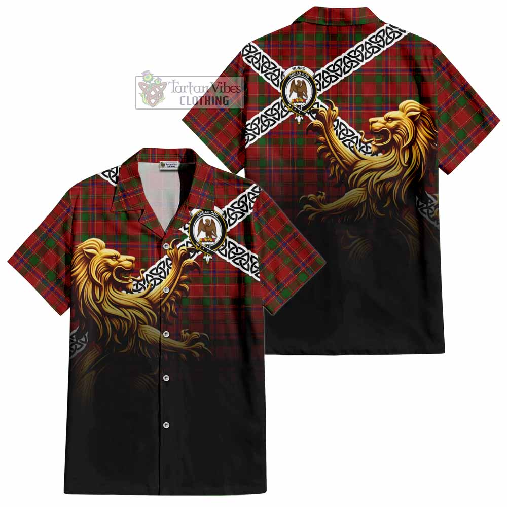 Tartan Vibes Clothing Munro (Monroe) Crest Tartan Short Sleeve Button Shirt with Golden Lion Emblem Celtic Style