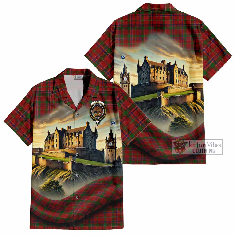 Tartan Vibes Clothing Munro (Monroe) Tartan Family Crest Short Sleeve Button Shirt with Scottish Ancient Castle Style