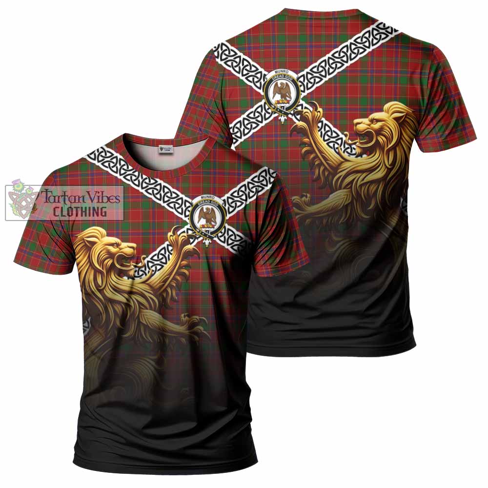 Tartan Vibes Clothing Munro (Monroe) Crest Tartan T-Shirt with Golden Lion Emblem Celtic Style