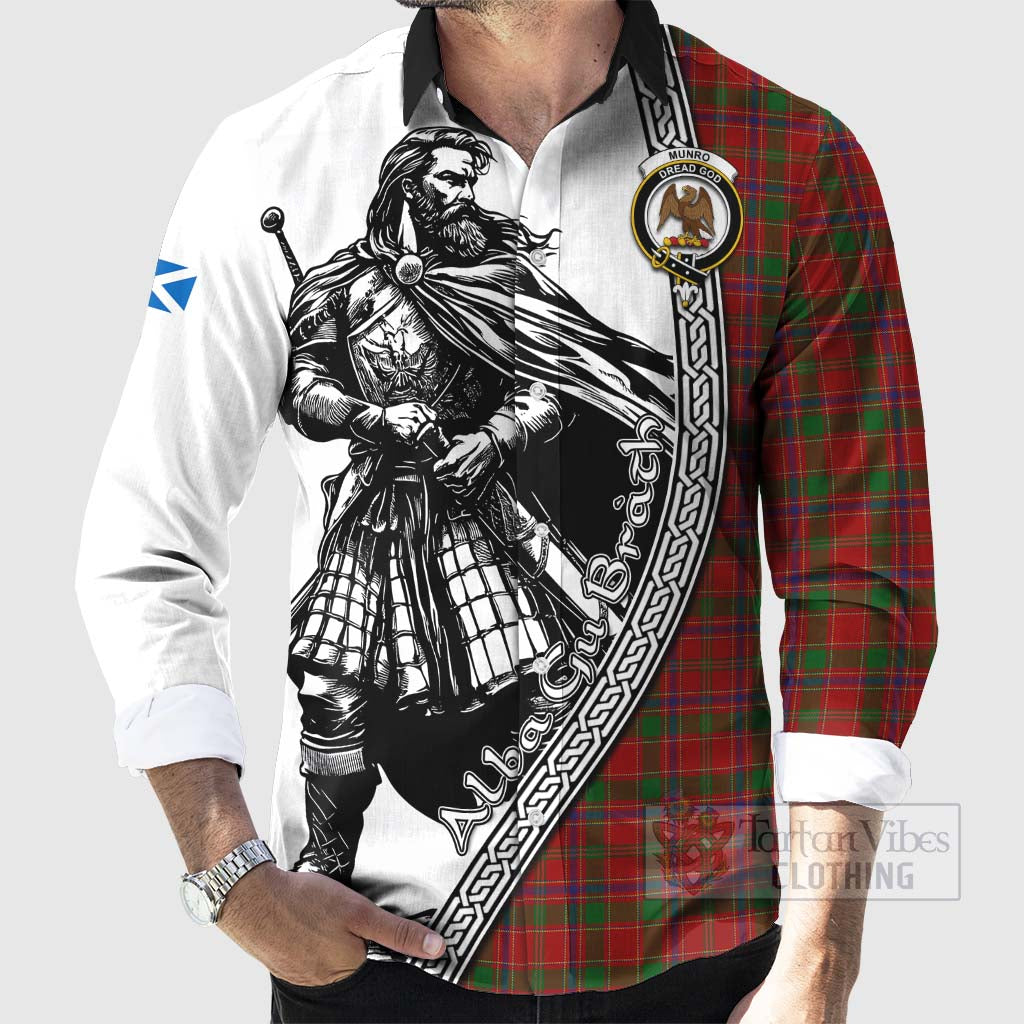 Tartan Vibes Clothing Munro (Monroe) Tartan Clan Crest Long Sleeve Button Shirt with Highlander Warrior Celtic Style