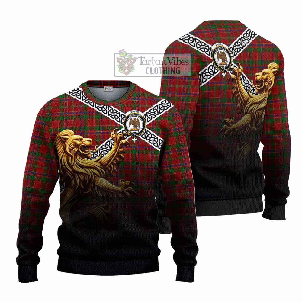 Tartan Vibes Clothing Munro (Monroe) Crest Tartan Knitted Sweater with Golden Lion Emblem Celtic Style