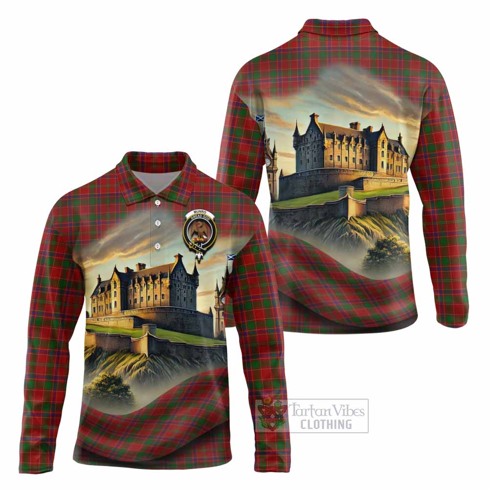Tartan Vibes Clothing Munro (Monroe) Tartan Family Crest Long Sleeve Polo Shirt with Scottish Ancient Castle Style