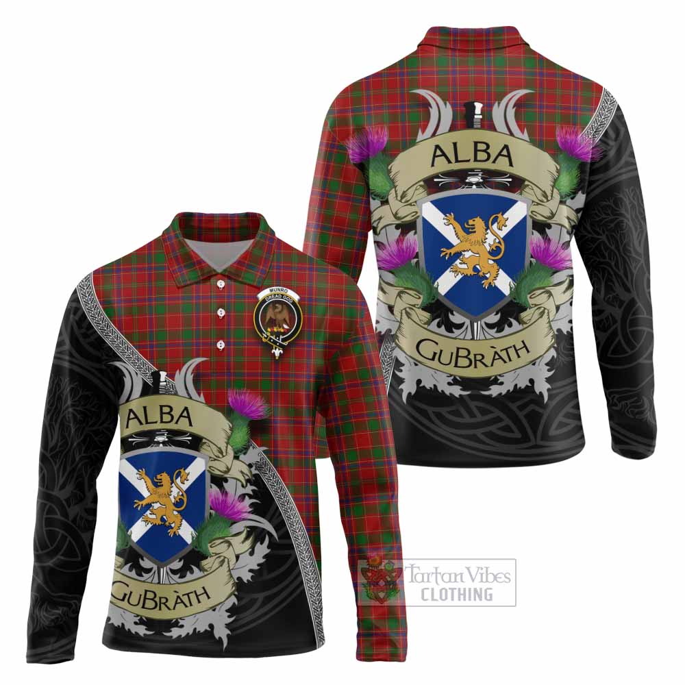 Tartan Vibes Clothing Munro (Monroe) Tartan Family Crest Long Sleeve Polo Shirt Lion Rampant Royal Thistle Shield Celtic Inspired