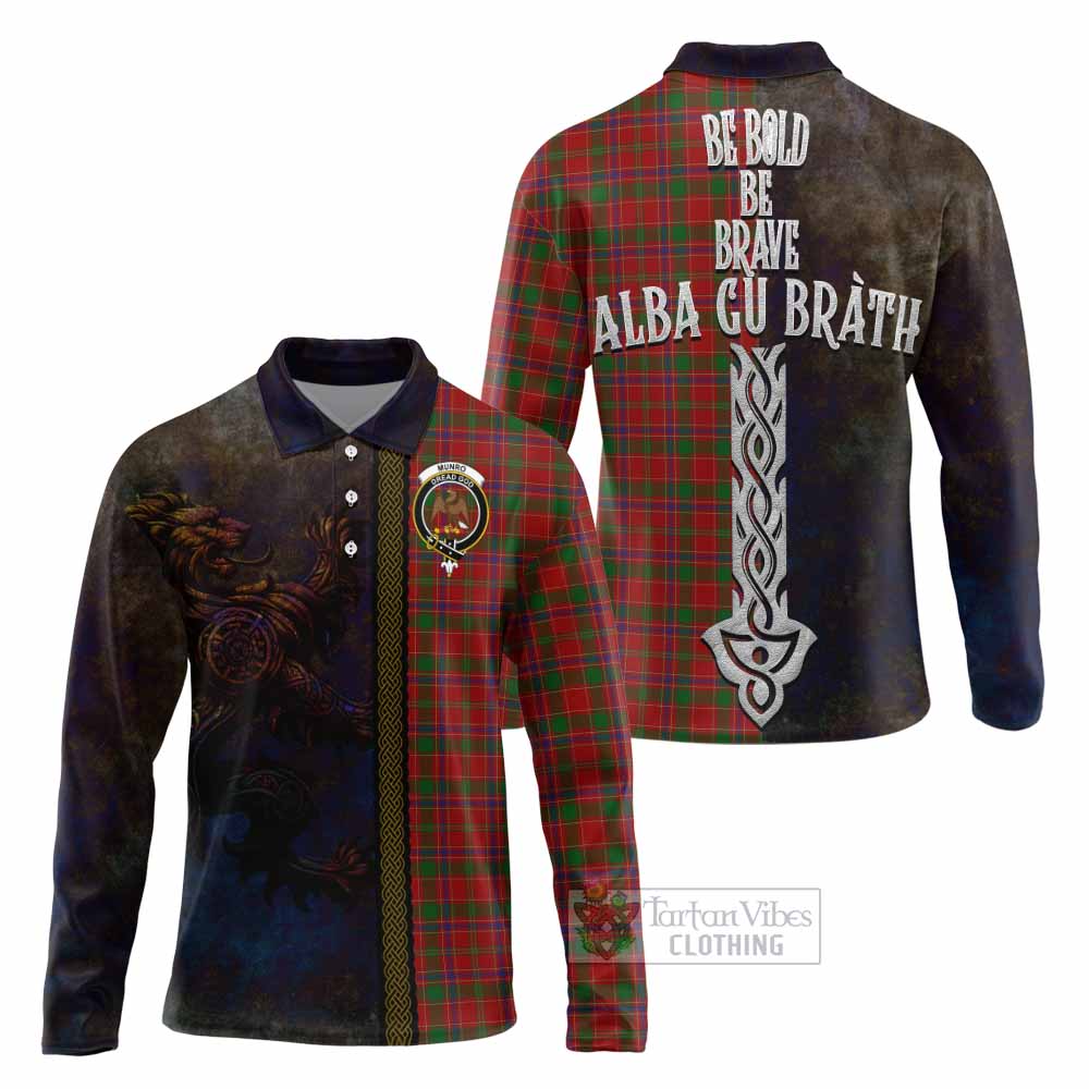 Tartan Vibes Clothing Munro (Monroe) Tartan Family Crest Long Sleeve Polo Shirt Alba Gu Brath Be Brave Lion Ancient Style