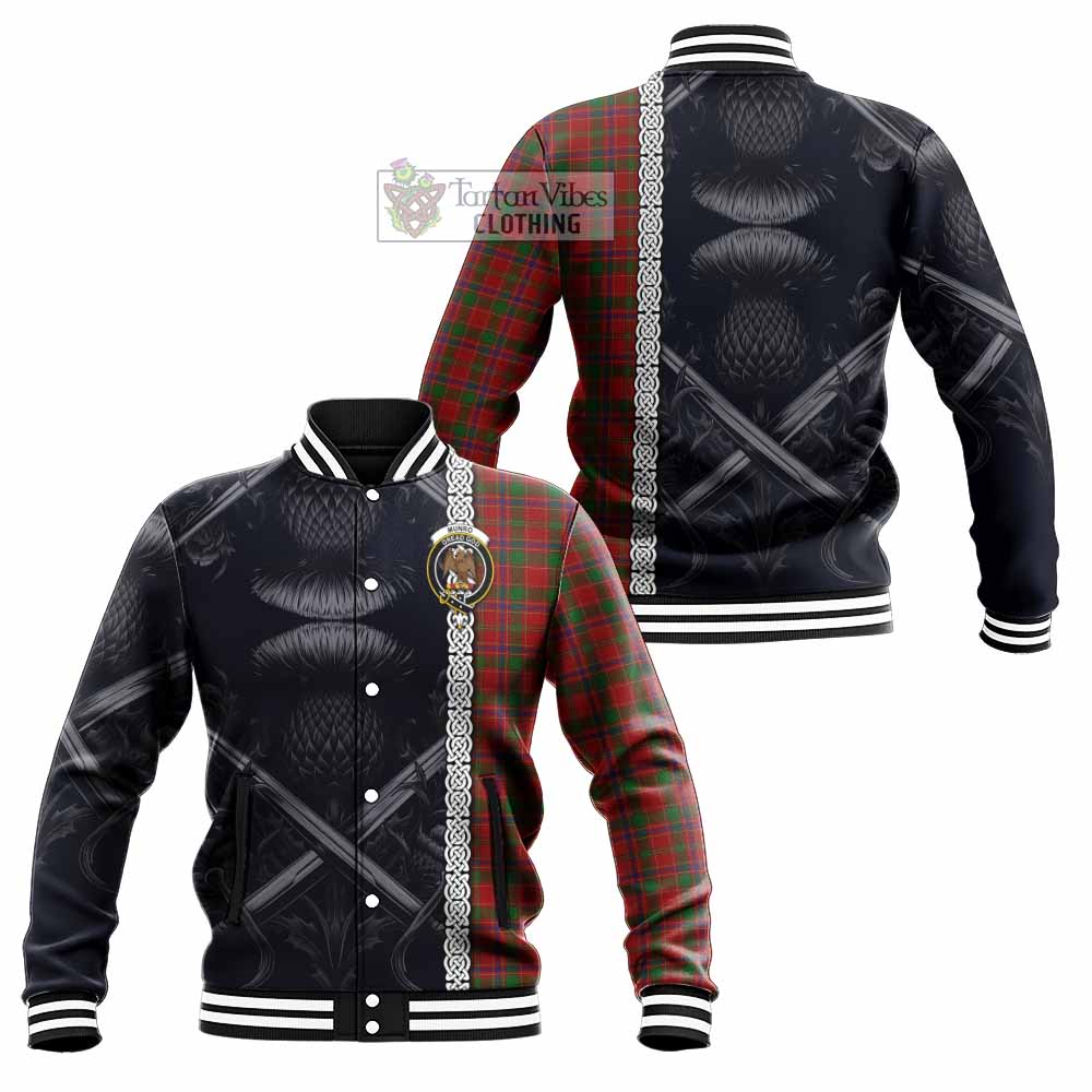 Tartan Vibes Clothing Munro (Monroe) Tartan Baseball Jacket with Family Crest Cross Sword Thistle Celtic Vibes