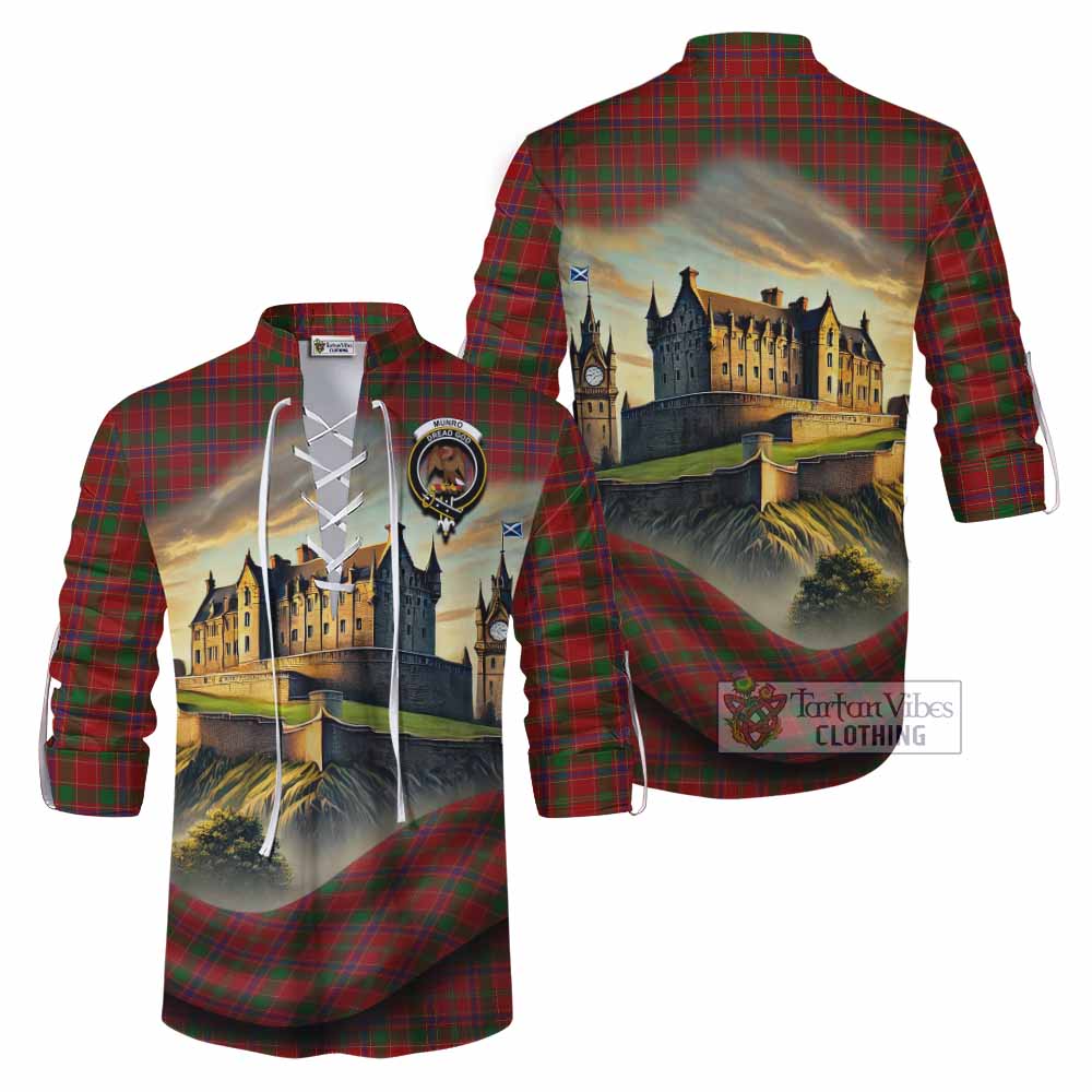 Tartan Vibes Clothing Munro (Monroe) Tartan Family Crest Ghillie Kilt Shirt with Scottish Ancient Castle Style
