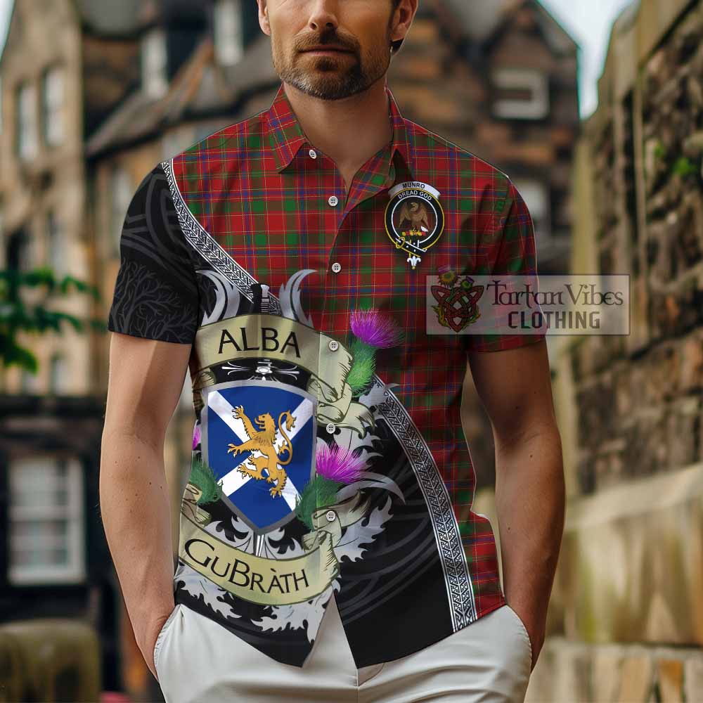 Tartan Vibes Clothing Munro (Monroe) Tartan Family Crest Short Sleeve Button Shirt Lion Rampant Royal Thistle Shield Celtic Inspired