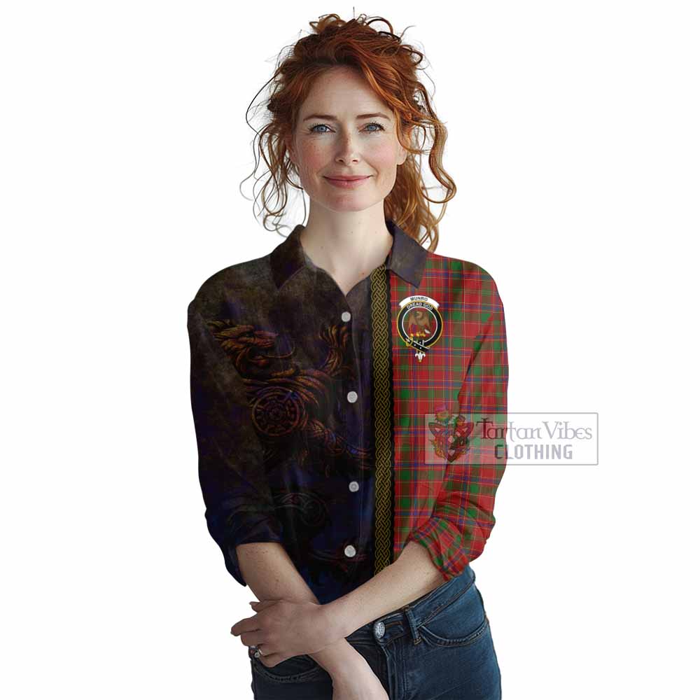 Tartan Vibes Clothing Munro (Monroe) Tartan Family Crest Women's Casual Shirt Alba Gu Brath Be Brave Lion Ancient Style