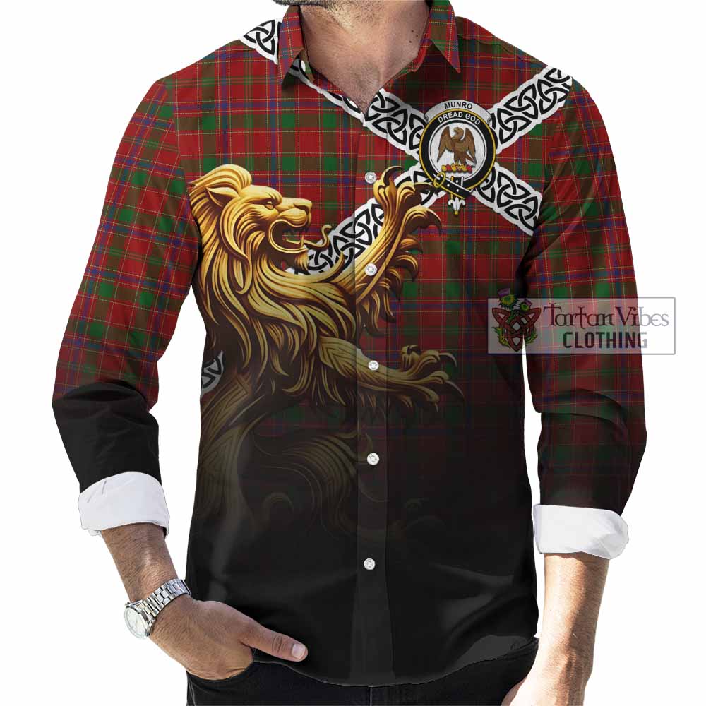 Tartan Vibes Clothing Munro (Monroe) Crest Tartan Long Sleeve Button Shirt with Golden Lion Emblem Celtic Style