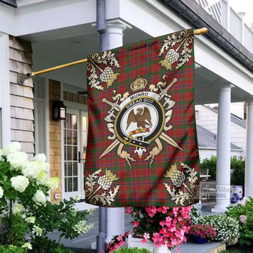Munro (Monroe) Tartan Garden Flag with Family Crest and Golden Thistle Crossed Sword Design