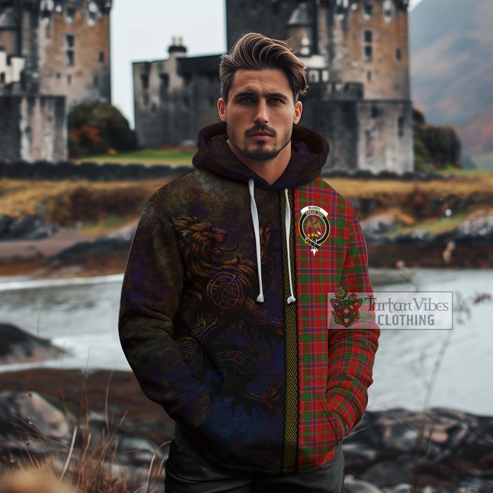 Tartan Vibes Clothing Munro (Monroe) Tartan Family Crest Cotton Hoodie Alba Gu Brath Be Brave Lion Ancient Style