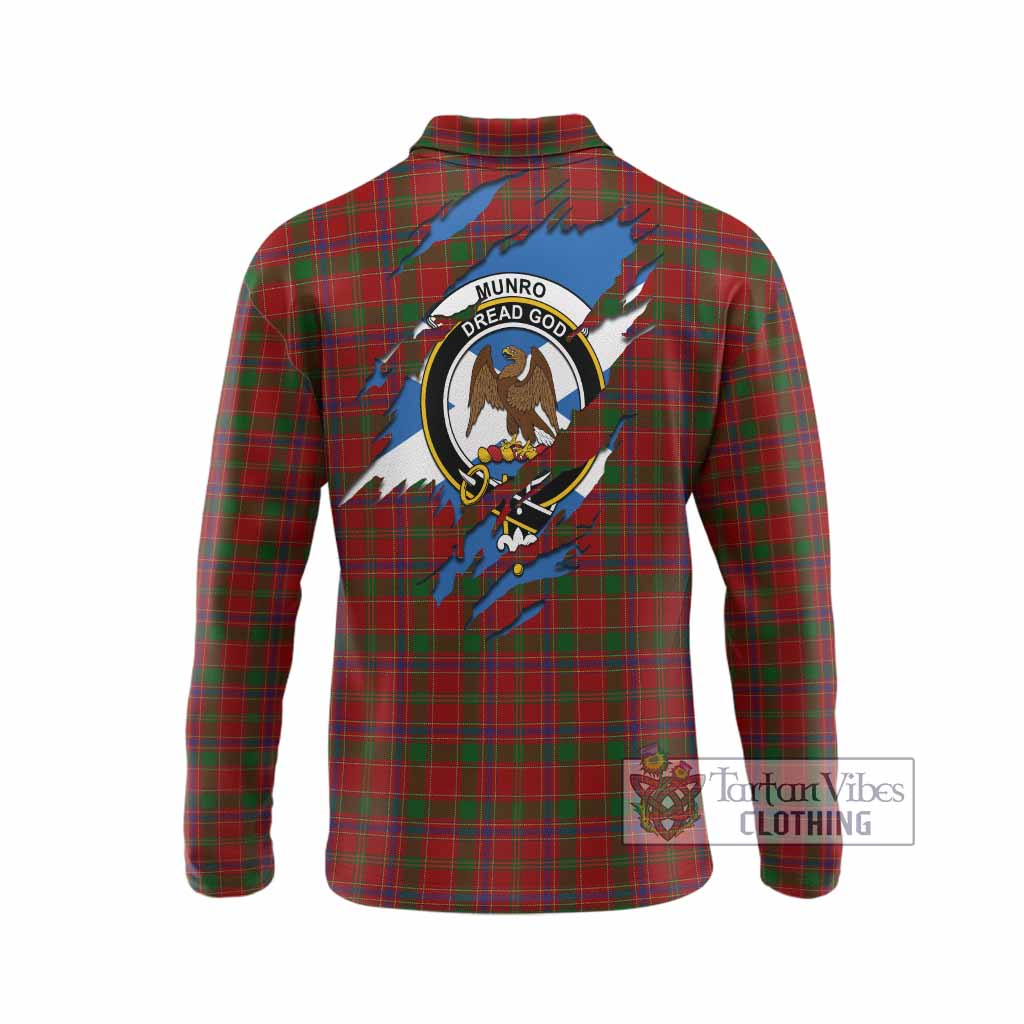 Munro (Monroe) Clan Crest In Me Tartan Long Sleeve Polo Shirt Scotland Flag Style