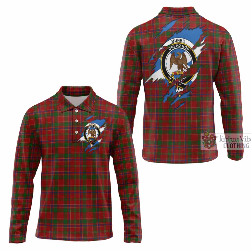 Munro (Monroe) Clan Crest In Me Tartan Long Sleeve Polo Shirt Scotland Flag Style