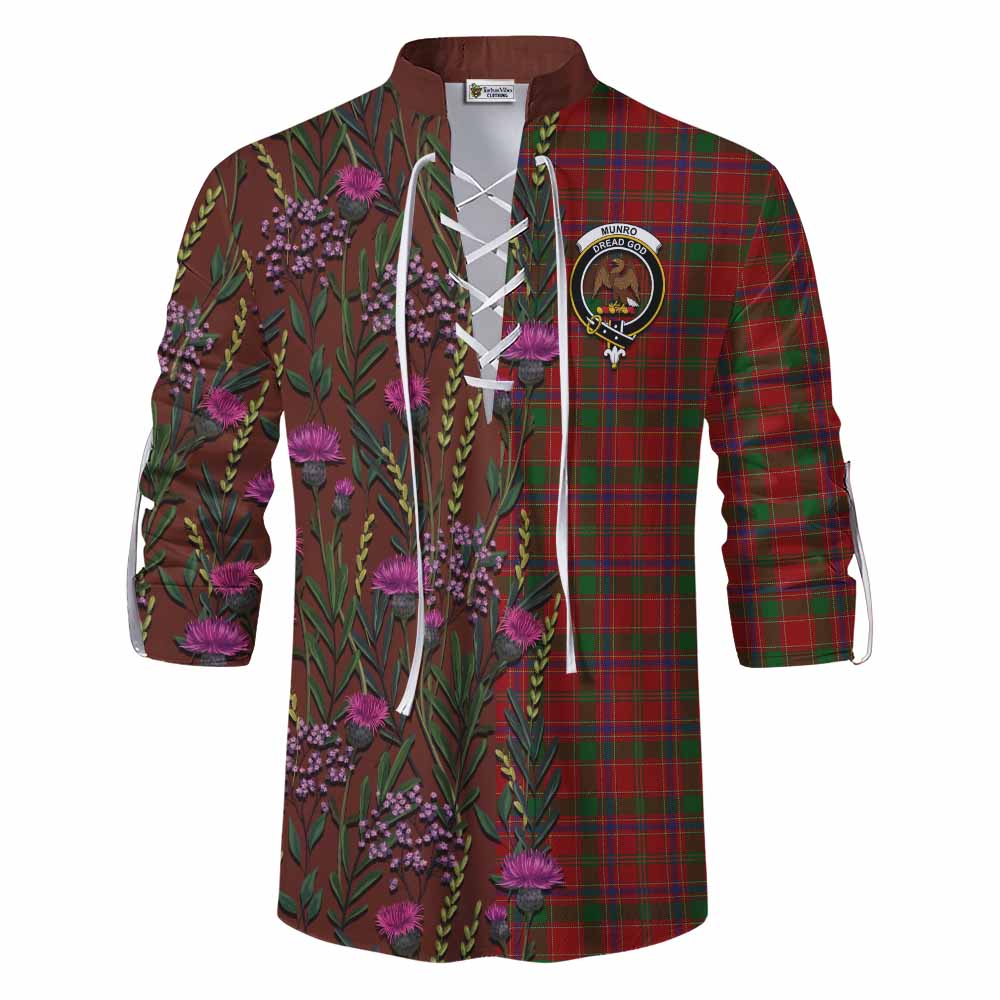 Munro (Monroe) Family Crest Tartan Ghillie Shirt Scottish Thistle Flower Pattern Half Style - Tartan Vibes Clothing