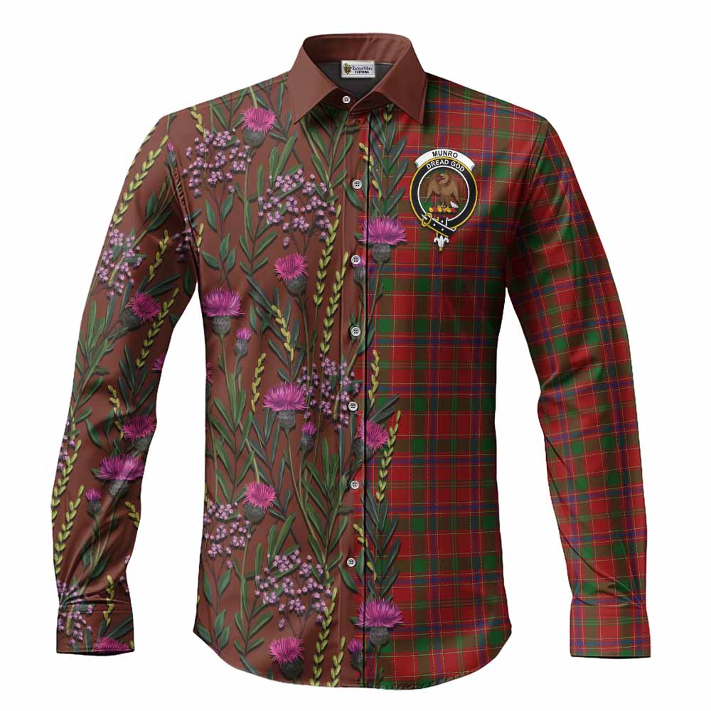 Munro (Monroe) Family Crest Tartan Long Sleeve Button Shirts Scottish Thistle Flower Pattern Half Style - Tartan Vibes Clothing