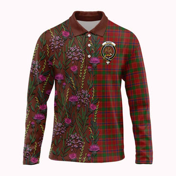 Munro (Monroe) Family Crest Tartan Long Sleeve Polo Shirt Scottish Thistle Flower Pattern Half Style