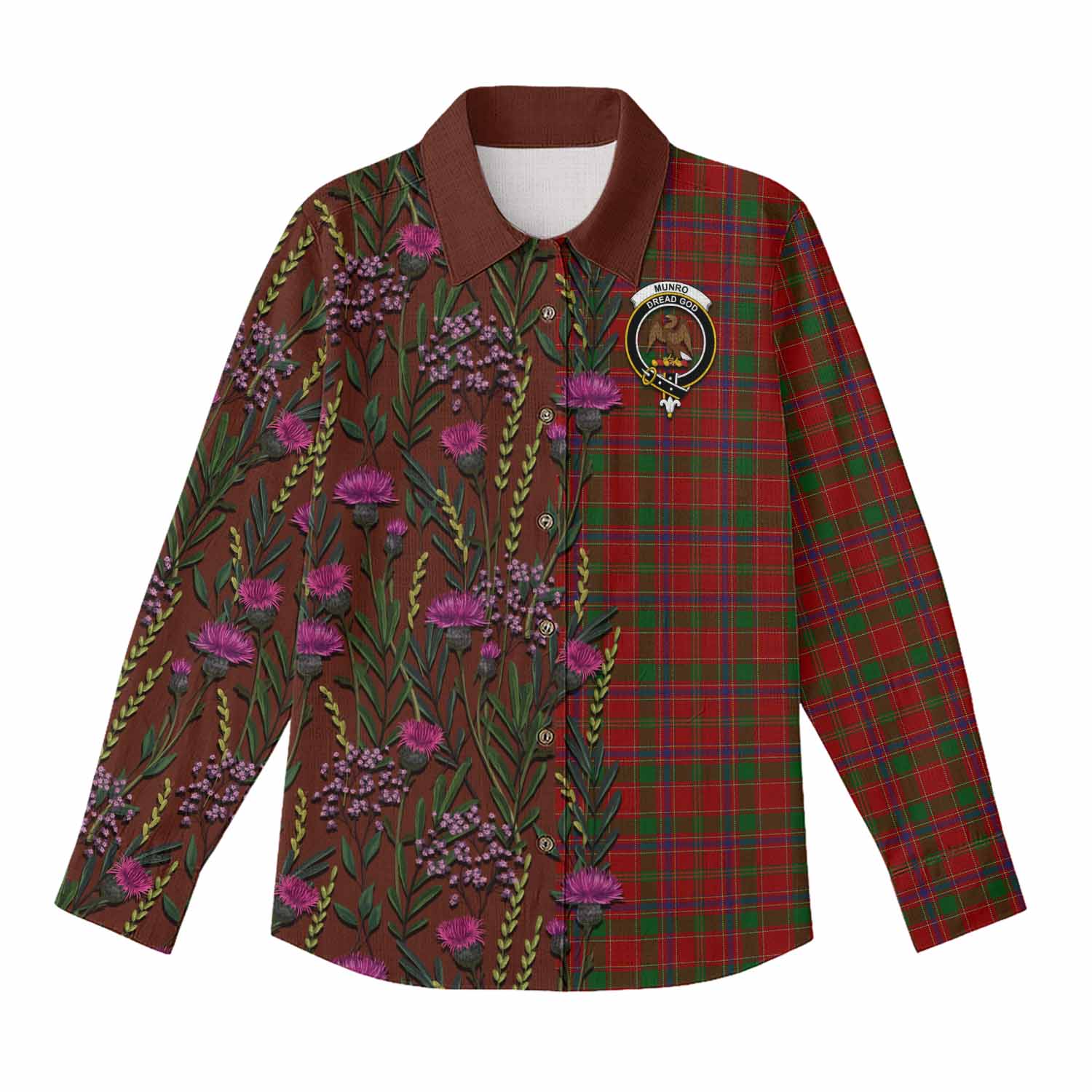 Munro (Monroe) Family Crest Tartan Women Casual Shirt Scottish Thistle Flower Pattern Half Style - Tartan Vibes Clothing