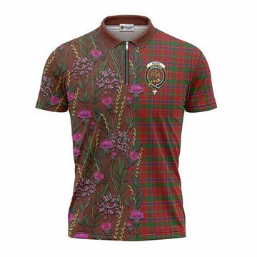 Munro (Monroe) Family Crest Tartan Zipper Polo Shirt Scottish Thistle Flower Pattern Half Style - Tartan Vibes Clothing