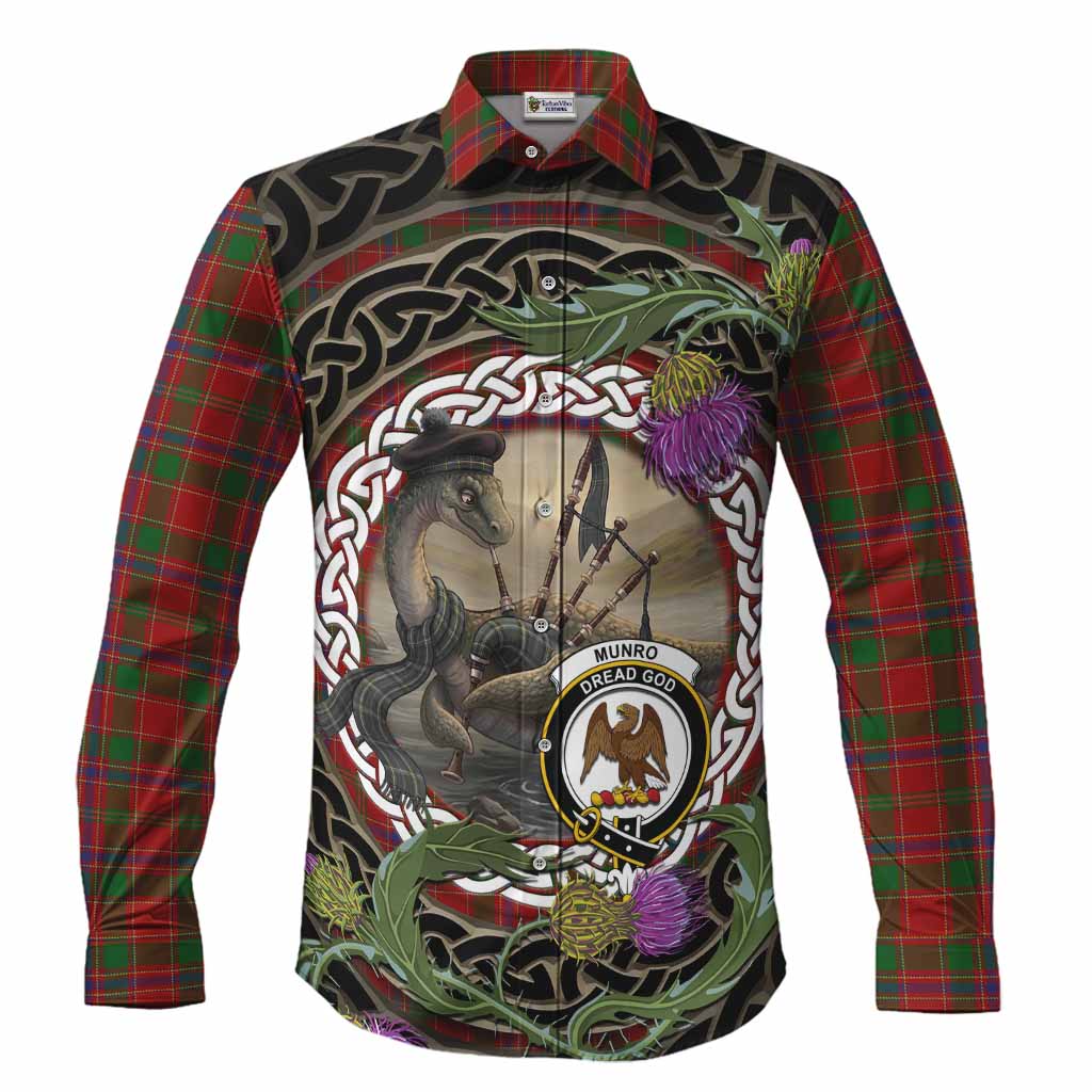 Munro (Monroe) Tartan Crest Bagpipe Nessie Long Sleeve Button Shirts Scottish Loch Ness Monster Celtic Thistle
