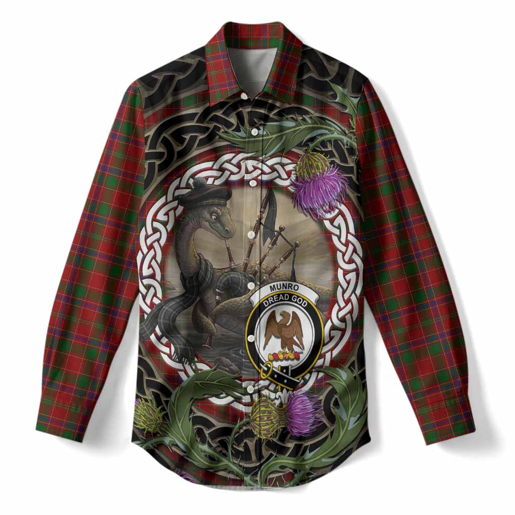Munro (Monroe) Tartan Crest Bagpipe Nessie Women Casual Shirt Scottish Loch Ness Monster Celtic Thistle
