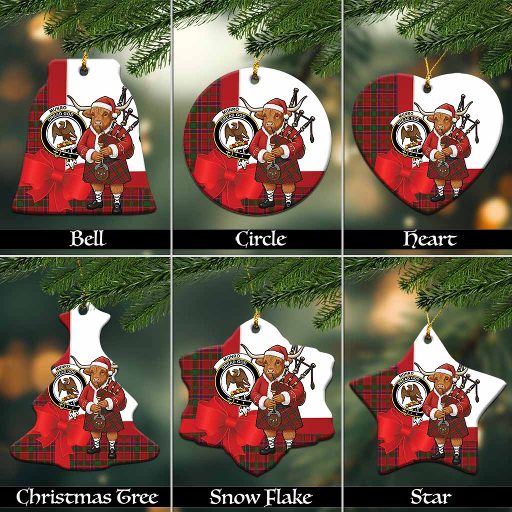 Munro (Monroe) Tartan Crest Christmas Ceramic Ornament Highland Cow Bagpipes Coquette Bow Style