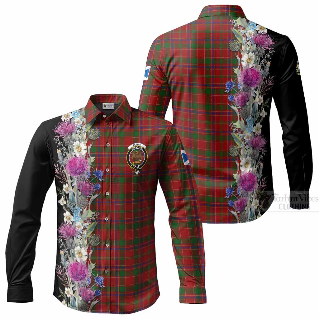 Munro (Monroe) Tartan Crest Thistle Floral Long Sleeve Button Shirts Men's Shirt - Tartan Vibes Clothing