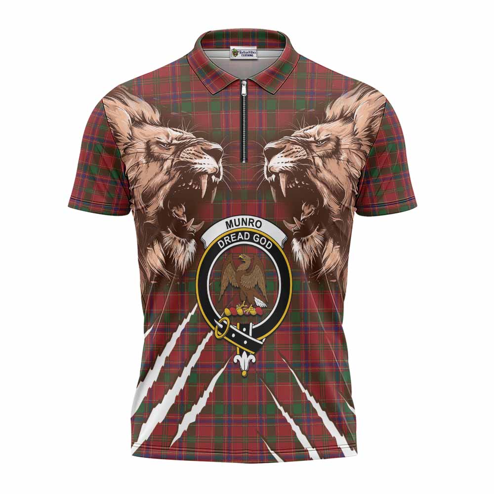 Munro (Monroe) Tartan Crest Zipper Polo Shirt Ferocious Lion Style