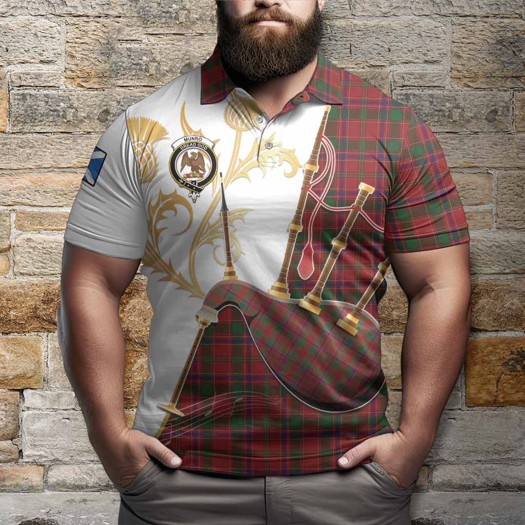 Munro (Monroe) Tartan Family Crest Polo Shirt Bagpipes with Scottish Thistle