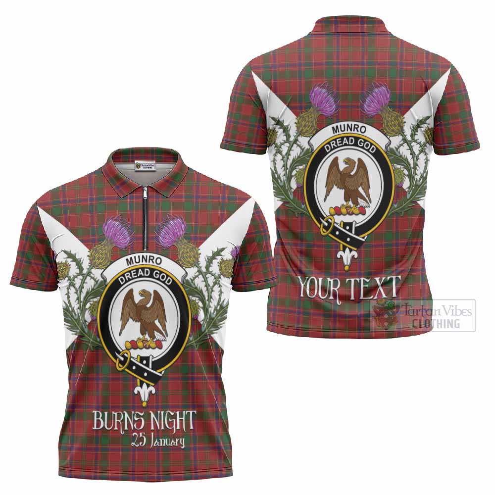 Munro (Monroe) Tartan Family Crest Zipper Polo Shirt Scottish Burns Night Thistle Floral