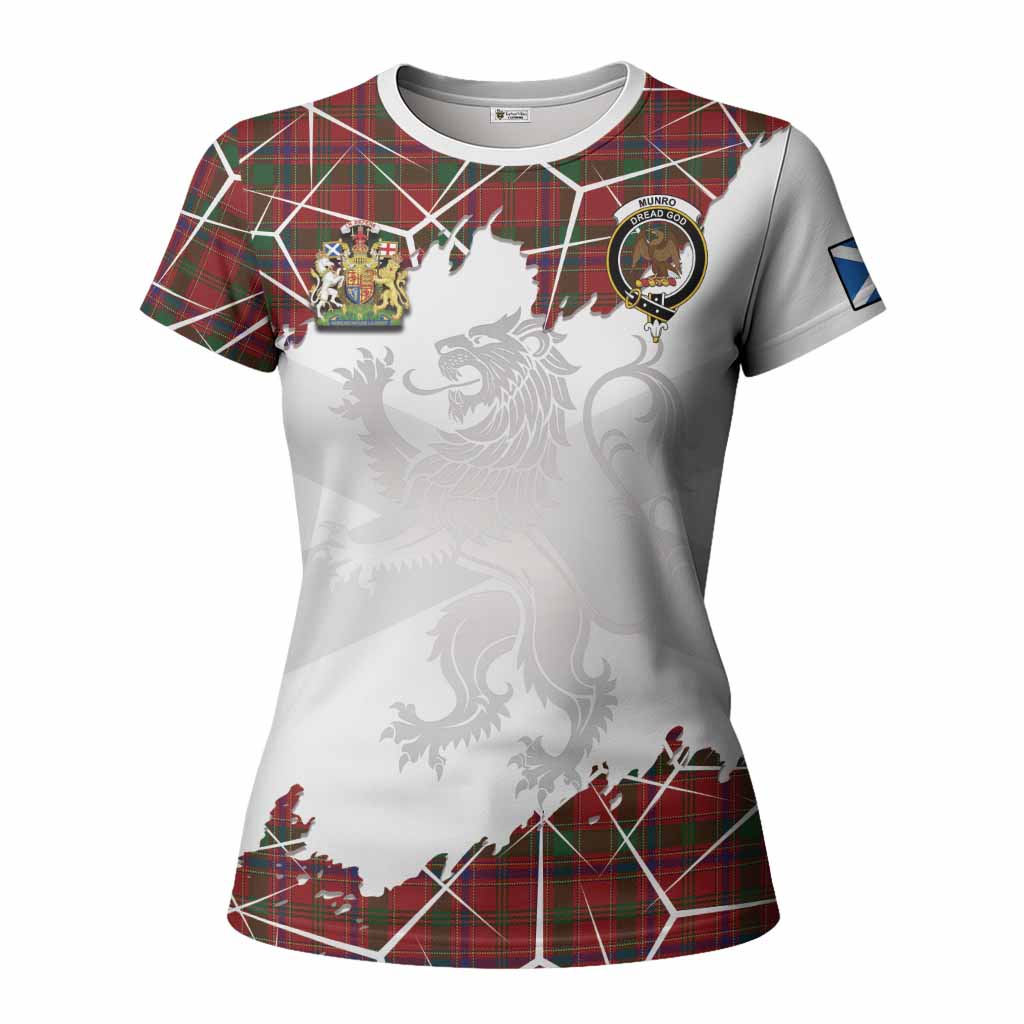 Munro (Monroe) Tartan Women T shirt with Family Crest and Lion Rampant Grunge Style