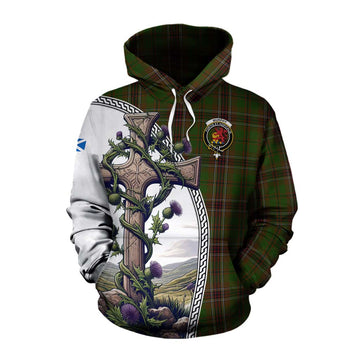 Tartan Vibes Clothing Murphy Tartan Cotton Hoodie with Family Crest and St. Andrew's Cross Accented by Thistle Vines
