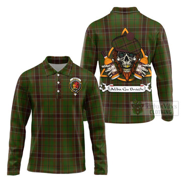 Murphy Tartan Long Sleeve Polo Shirt with Family Crest and Bearded Skull Holding Bottles of Whiskey Unisex - Tartan Vibes Clothing