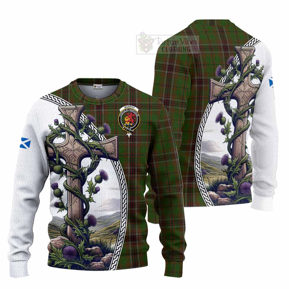 Murphy Tartan Knitted Sweater with Family Crest and St. Andrew's Cross Accented by Thistle Vines Unisex - Tartan Vibes Clothing