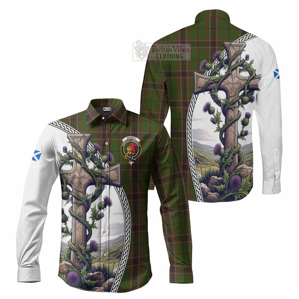 Murphy Tartan Long Sleeve Button Shirt with Family Crest and St. Andrew's Cross Accented by Thistle Vines Men's Shirt S - Tartan Vibes Clothing